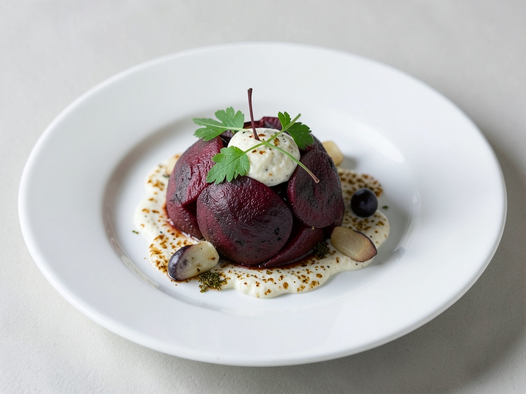 Betterave rôtie à la crème de pruneaux et poireaux