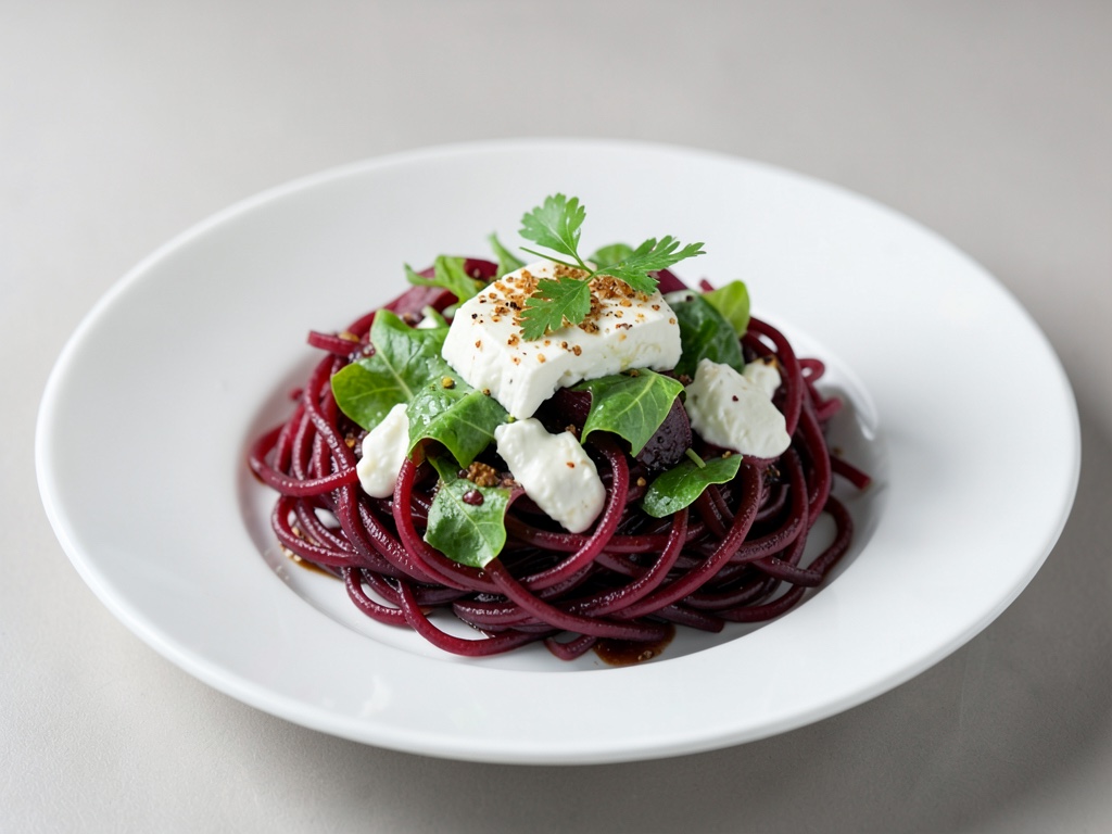 Insalata di formaggio di capra con spaghetti di barbabietola rossa tostati