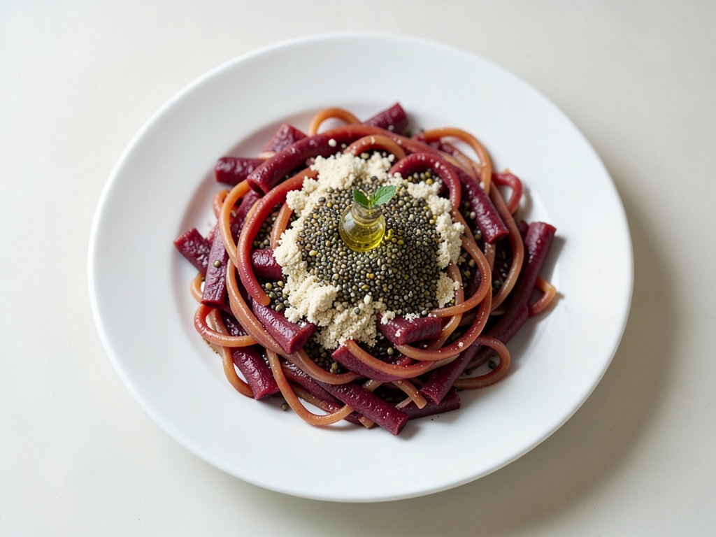 Bunte Rote-Bete-Spaghetti mit gerösteten Chia-Kernen