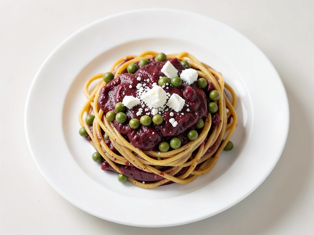 Cremige Nudeln mit Rote-Bete-Cremesauce, Erbsen und Feta