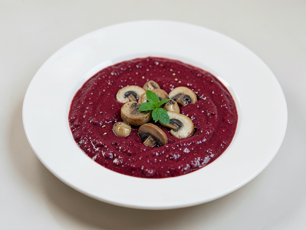 Sopa cremosa de remolacha con champiñones