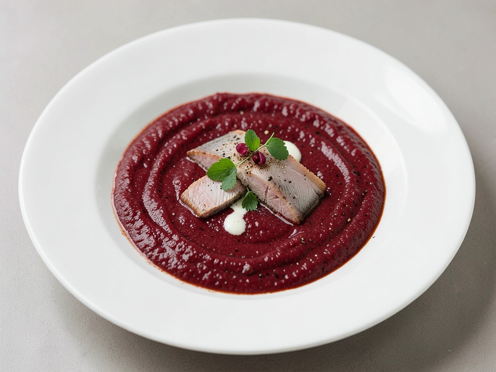 Sopa cremosa de remolacha con trucha ahumada
