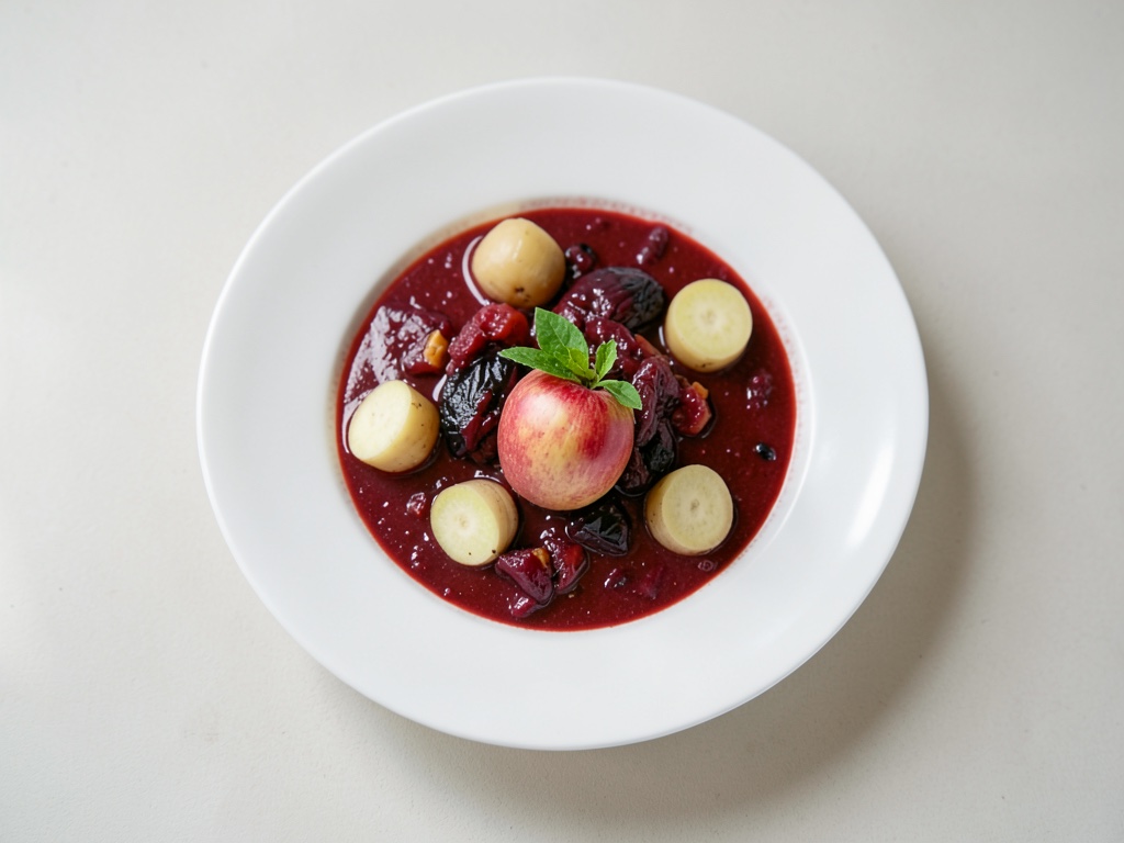 Sopa de remolacha frutal y especiada con espuma de rábano picante y manzana