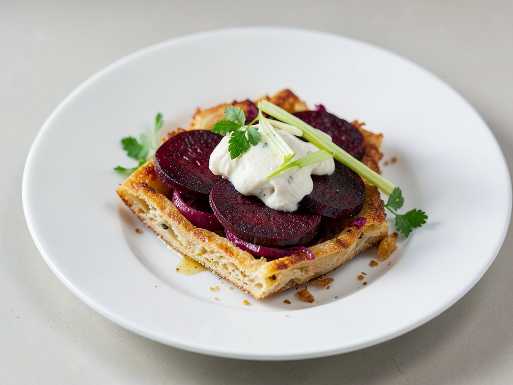 Tartelina croccante con barbabietole rosse, formaggio di capra e finocchio