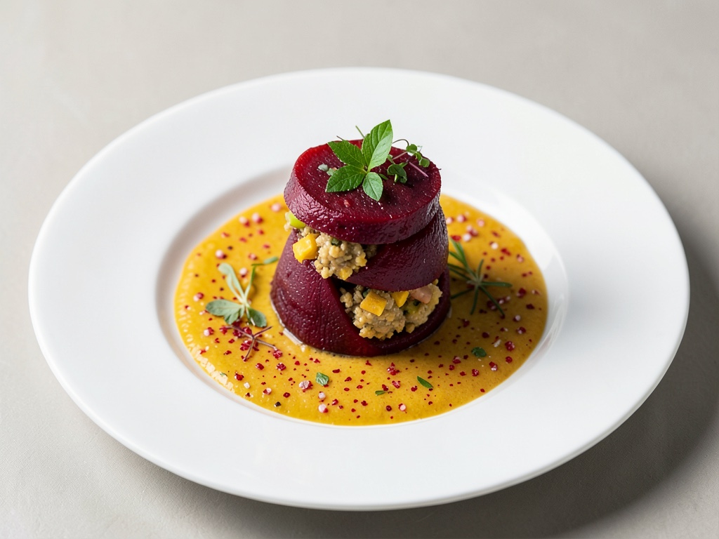 Torri di barbabietola con ripieno di noci su salsa di peperone e mango