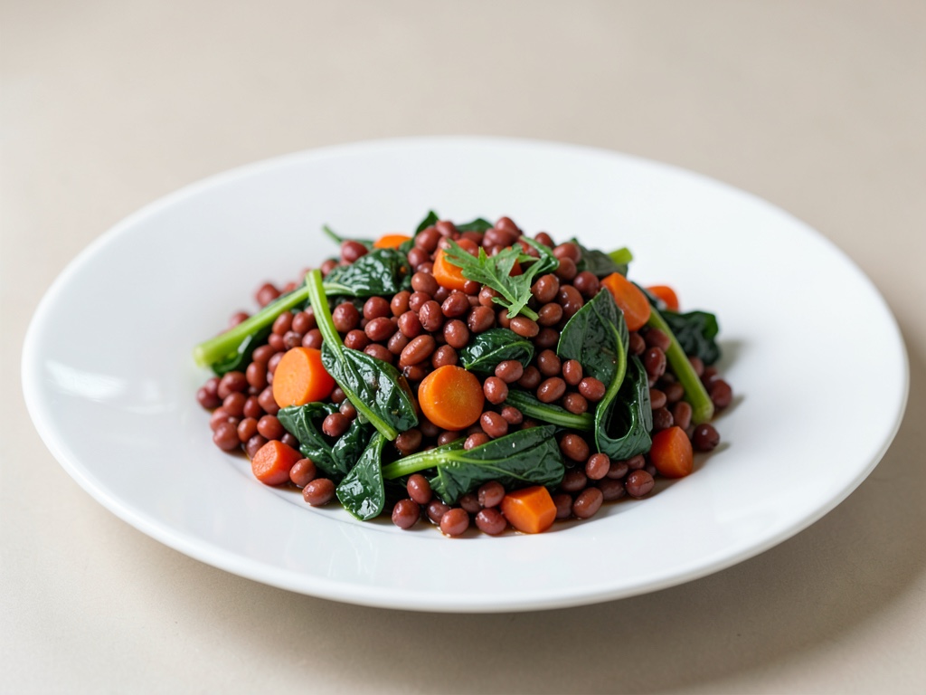 Piatti in Wok con lenticchie rosse, spinaci e carote