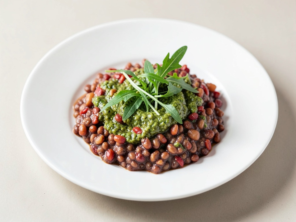 Cremige Rote-Linsen-Pasta mit Pesto und Rucola