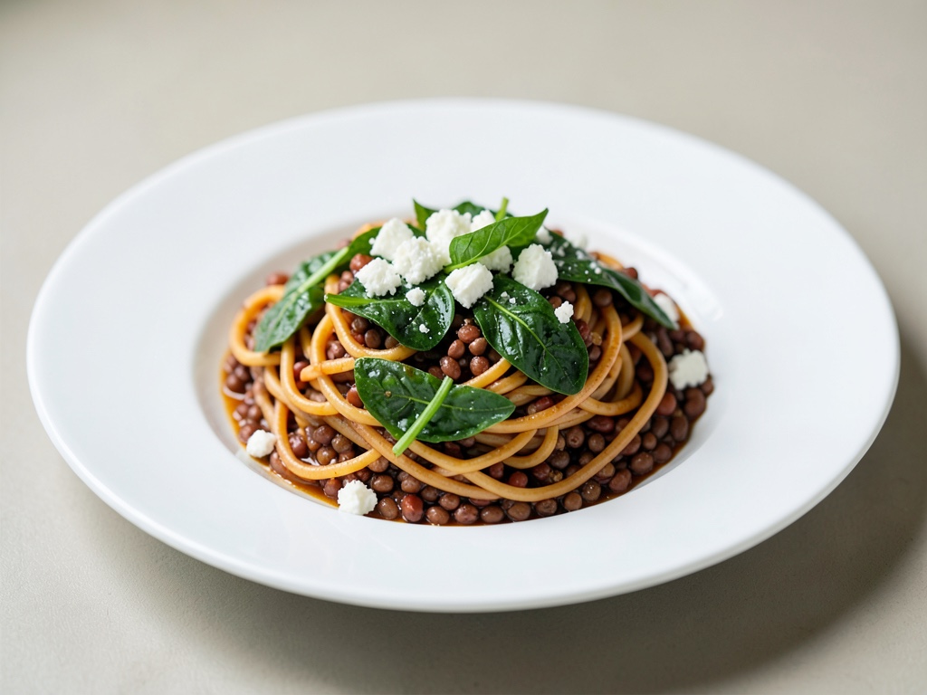 Spaghetti aus roten Linsen mit Spinat und Feta