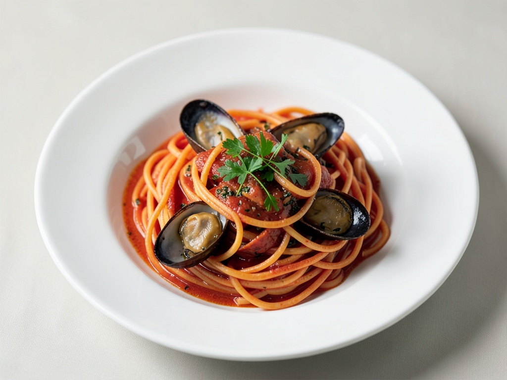 Rote Nudeln mit Muscheln