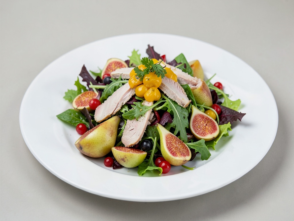 Insalata colorata con tacchino, fichi e pere