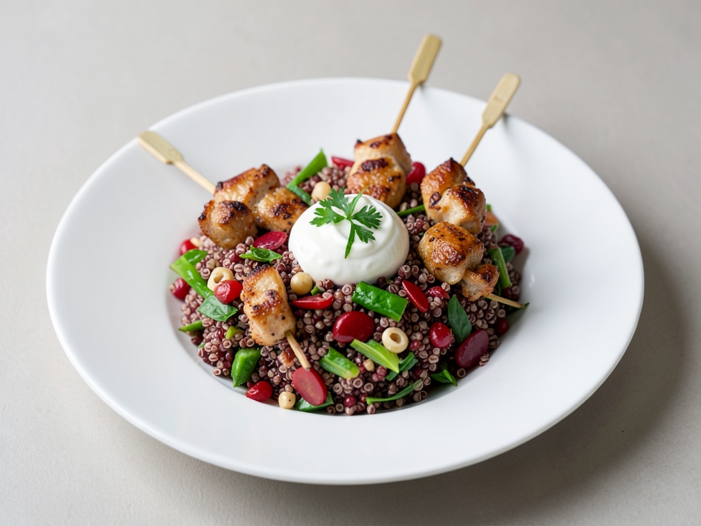 Insalata di quinoa rossa con spiedini di pollo e yogurt