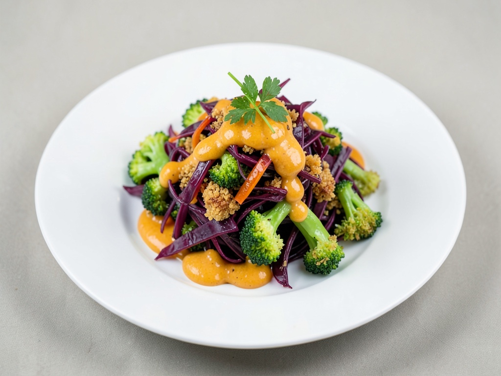 Insalata croccante di cavolo rosso e broccoli con condimento all'arancia