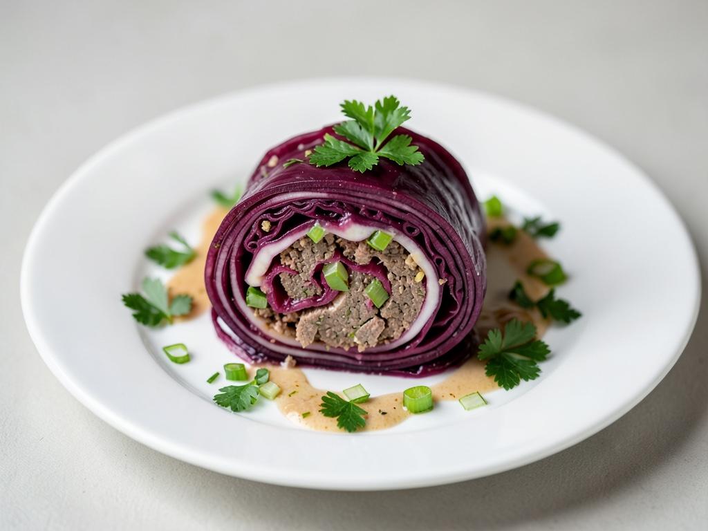 Rotolo di cavolo rosso con ripieno di carne e porro