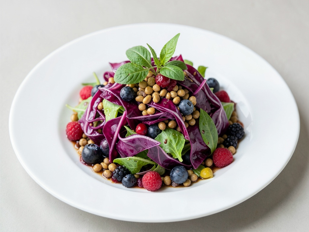 Insalata colorata di cavolo rosso, lenticchie e bacche