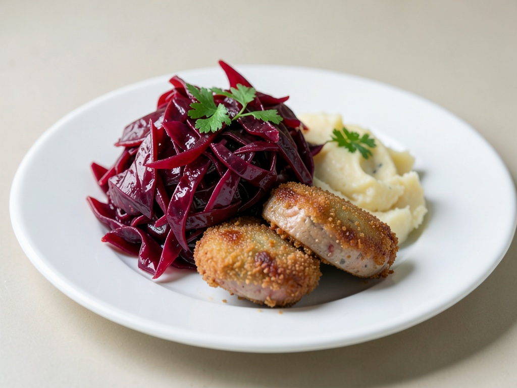 Cavolo rosso dolce-acido con purè di patate cremoso e salsicce fritte