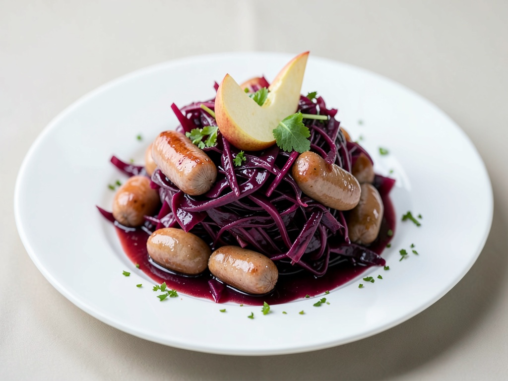 Insalata di cavolo rosso colorata con salsicce e decorazione di mela