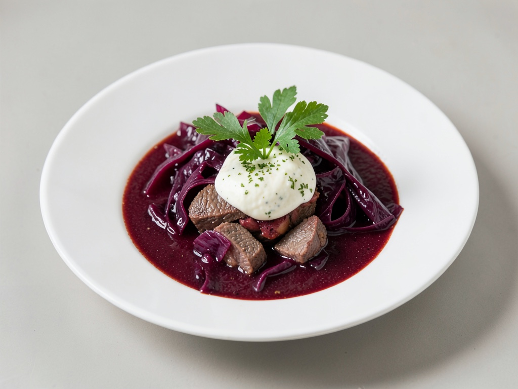 Zuppa di cavolo rosso con manzo e panna al rafano