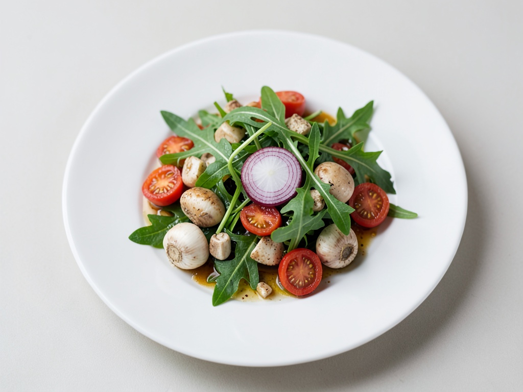 Insalata di rucola fruttata con funghi champignon e condimento alle noci