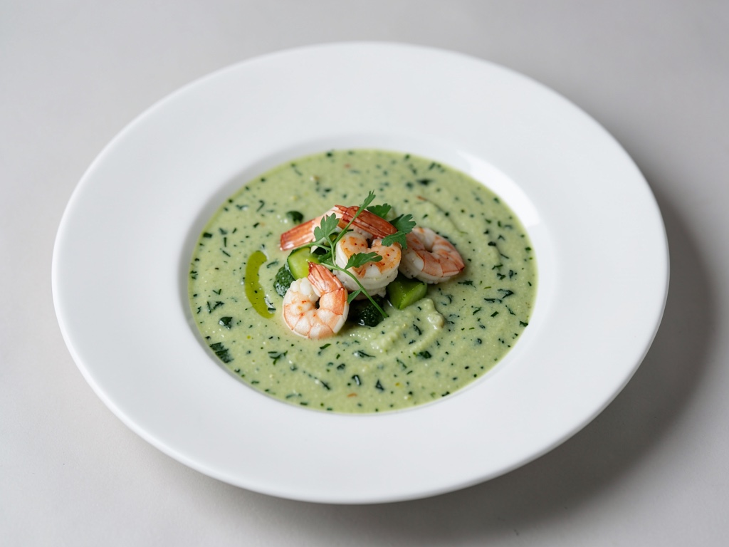 Sopa refrescante de pepino y rúcula con gambas