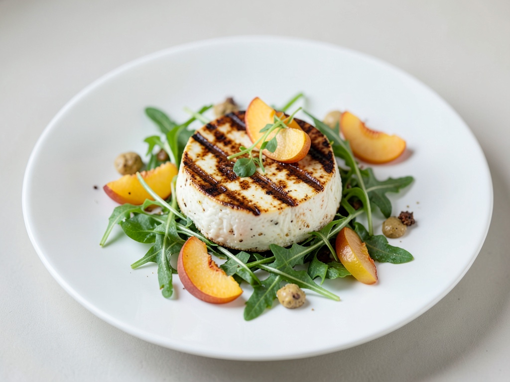 Formaggio di Cipro alla griglia con pesche su rucola