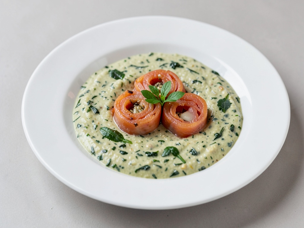 Zuppa cremosa di rucola con rotolini di salmone affumicato