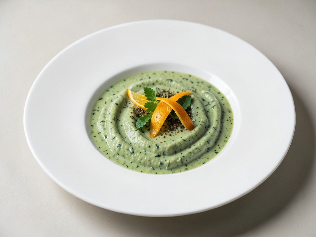 Zuppa fredda di rucola con decorazione di arancia