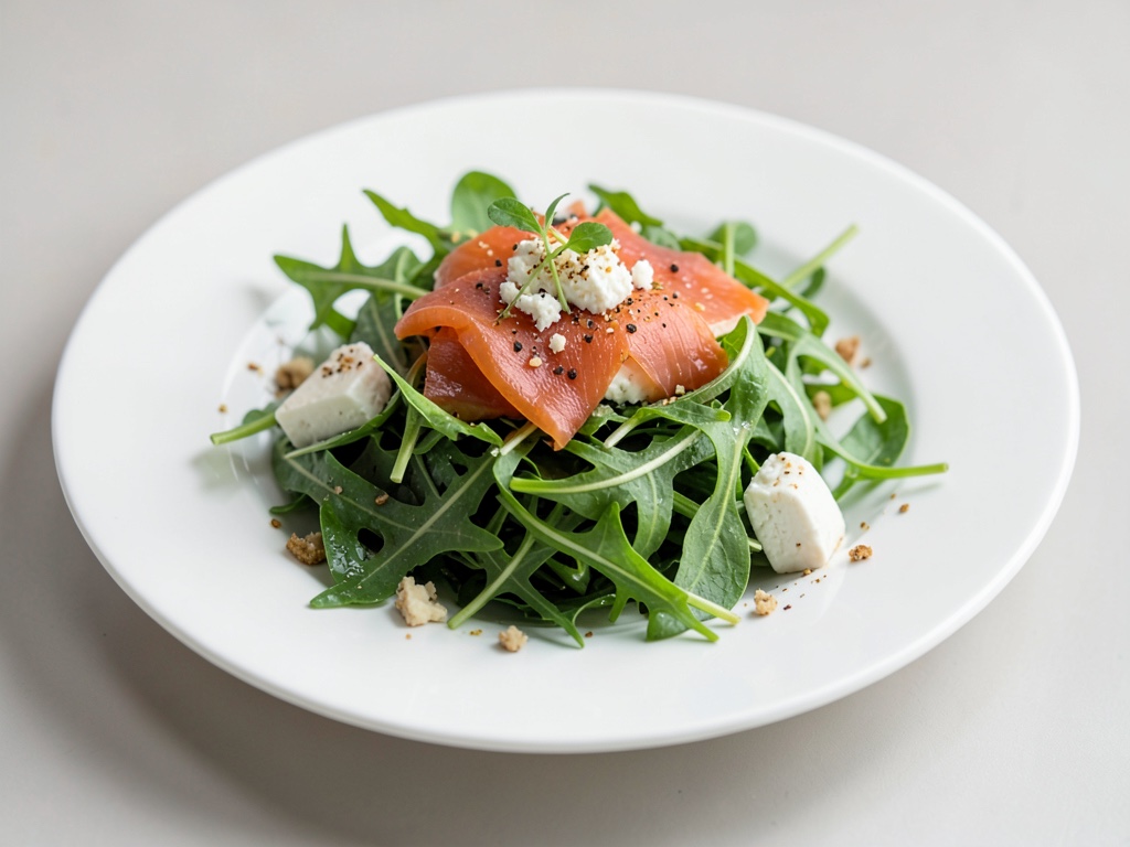 Insalata fresca di rucola con salmone affumicato e formaggio di capra