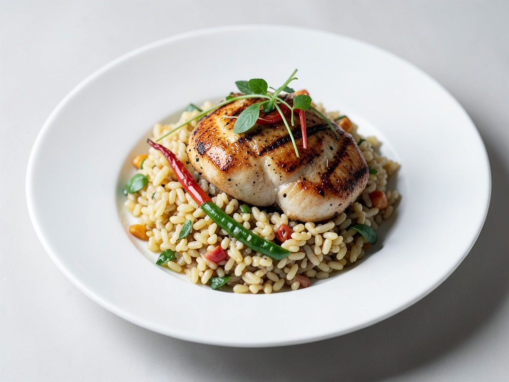 Orzo-Nudeln mit gegrilltem Hähnchen und Rucola