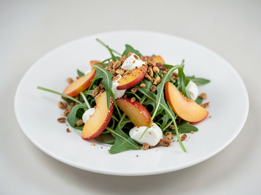 Salade de roquette fruitée aux pêches, mozzarella et pignons de pin grillés