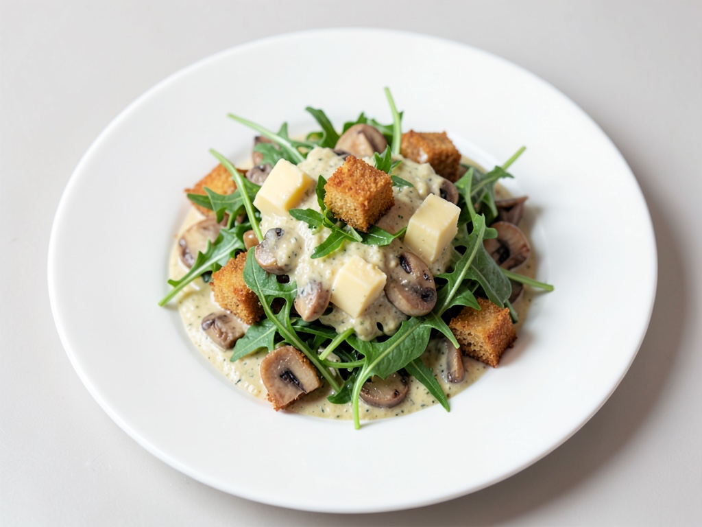 Insalata cremosa di rucola e funghi con cubetti di formaggio croccanti