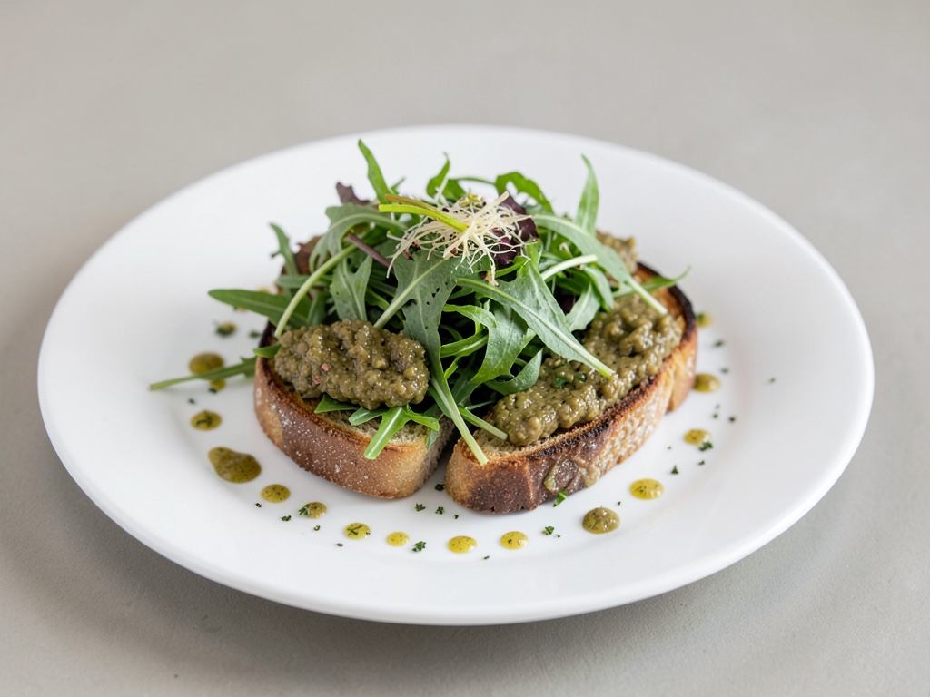 Crostini à la pâte d'olives sur salade de roquette