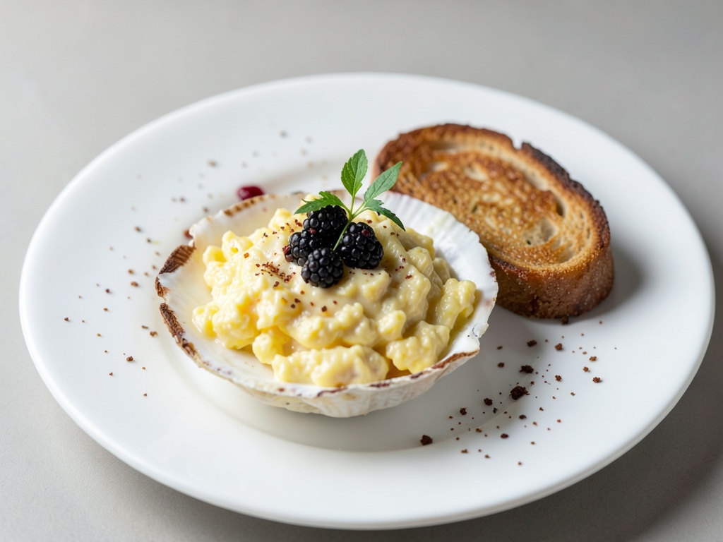 Uova strapazzate cremose nel guscio con toast al caviale