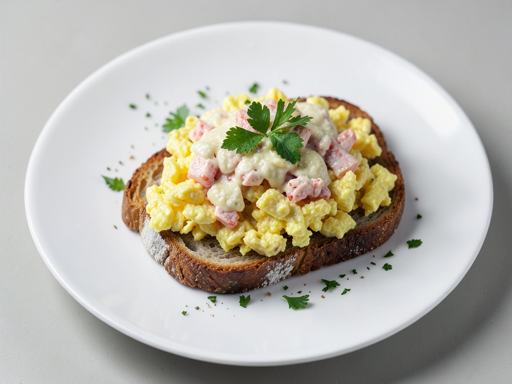 Uova strapazzate cremose con gamberi su toast tostato