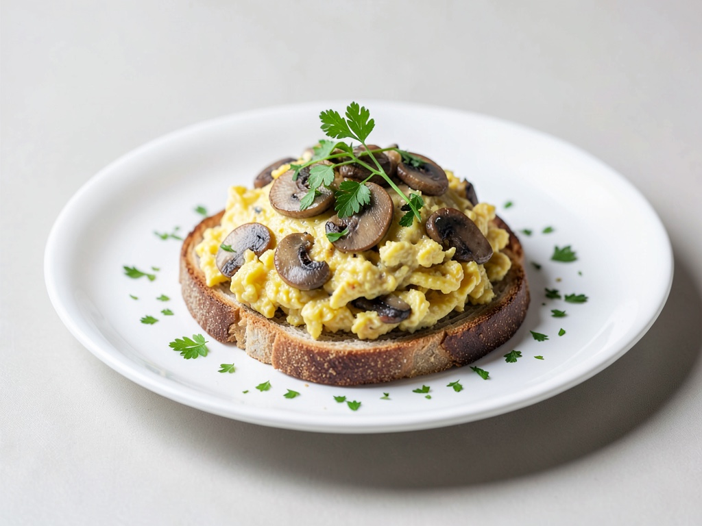 Œufs brouillés aux champignons sur toast grillé