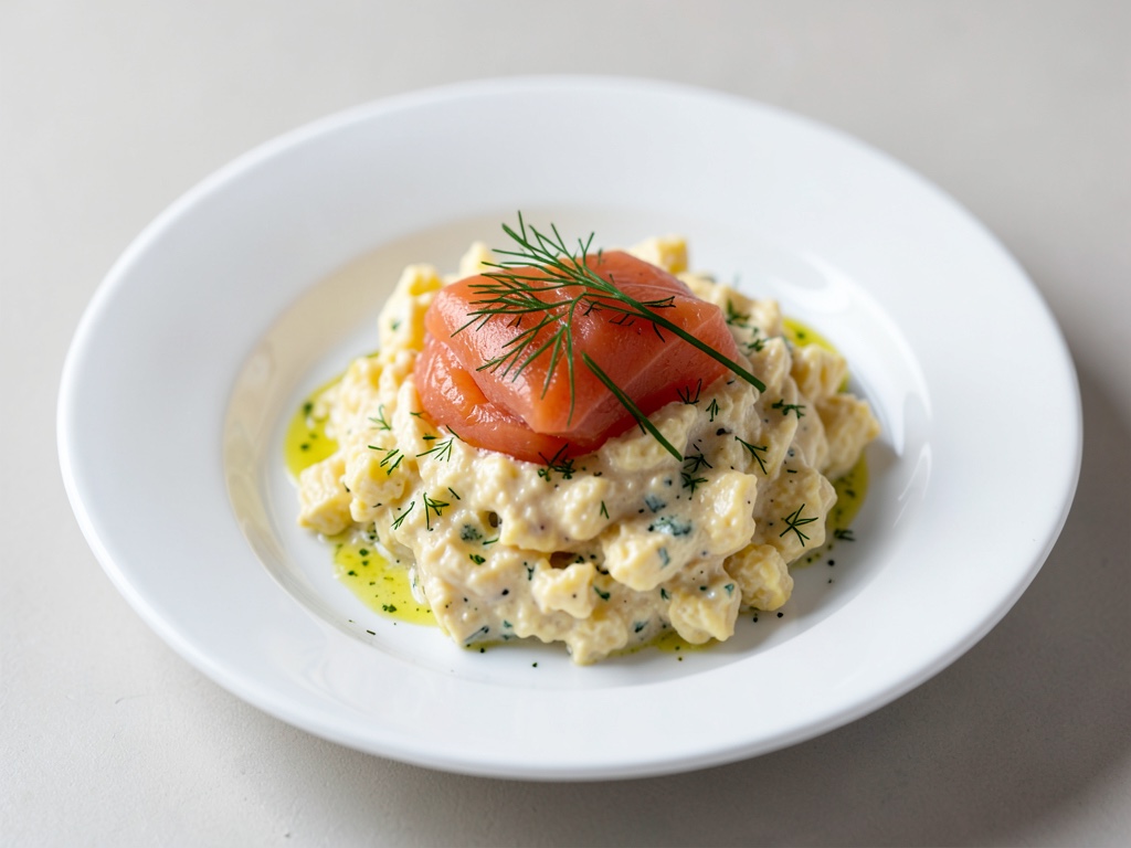 Uova strapazzate cremose con salmone affumicato e aneto