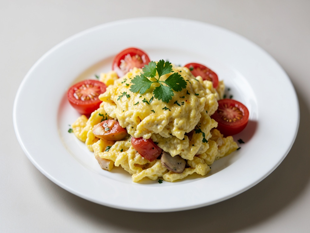 Uova strapazzate soffici con pomodori freschi