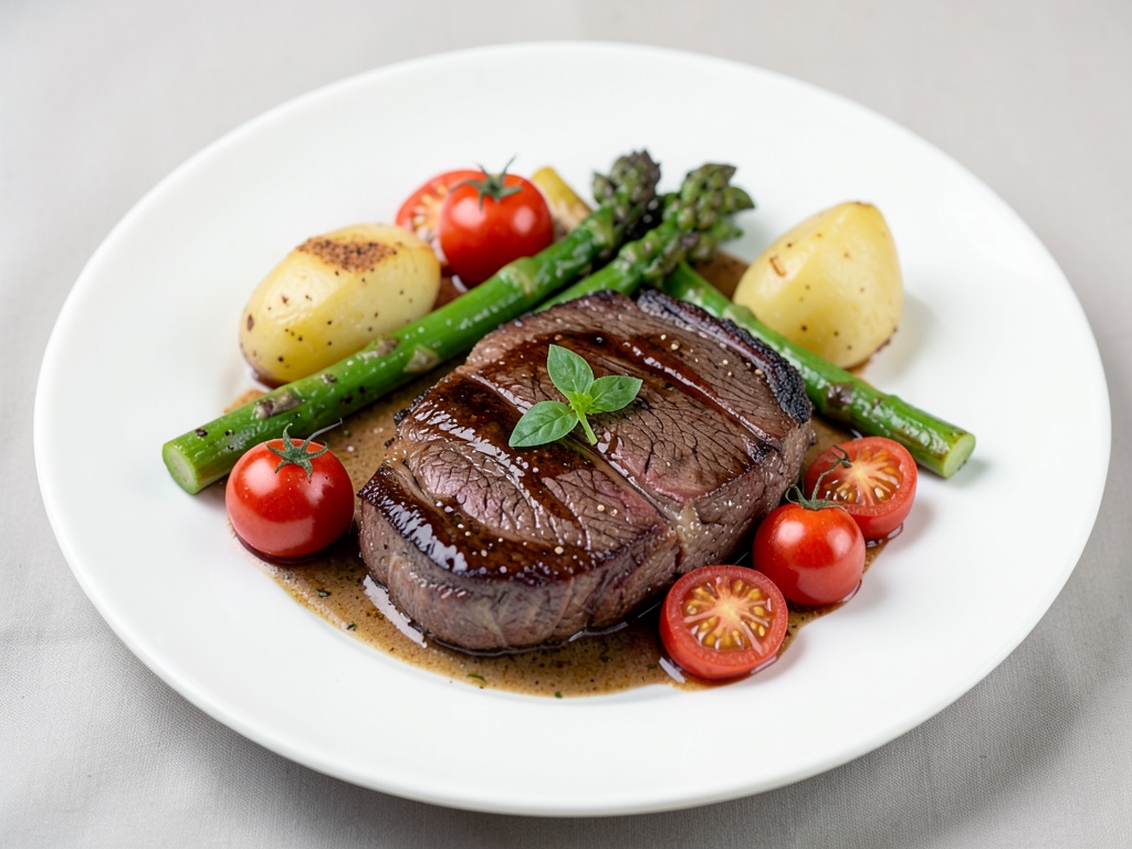 Bistec di scottona succoso con asparagi verdi, pomodorini e patate