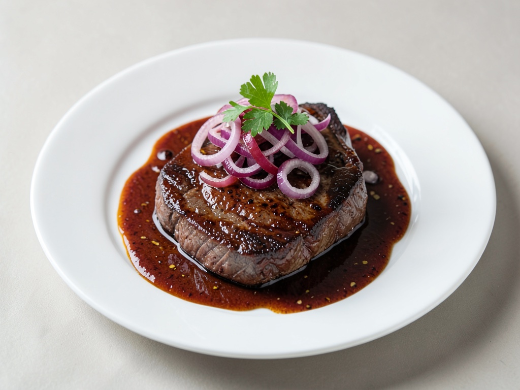 Rumpsteak juteux avec oignons rouges aigre-doux au vin rouge