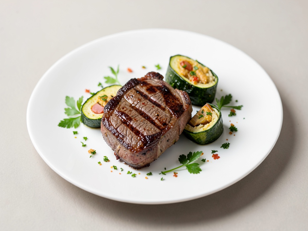 Bistecca di scottona alla griglia con rotolini di zucchine farciti
