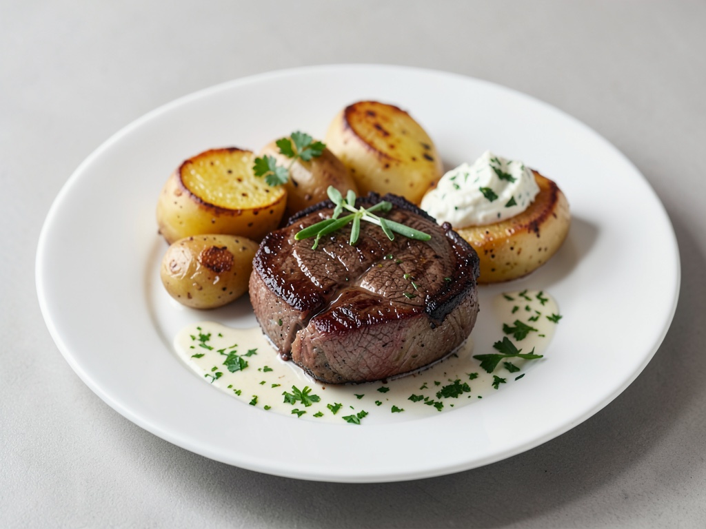 Bistecca di manzo alla griglia con patate al forno e panna acida alle erbe