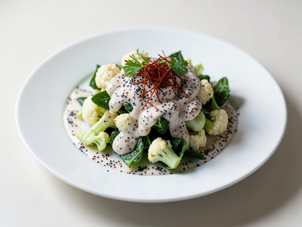 Insalata di cavolfiore con zafferano e condimento al sesamo e papavero
