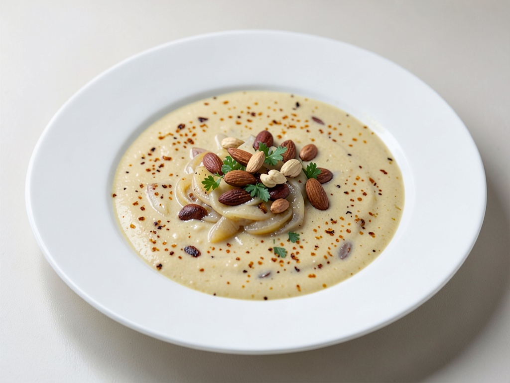 Sopa cremosa de azafrán y cebolla con almendras tostadas