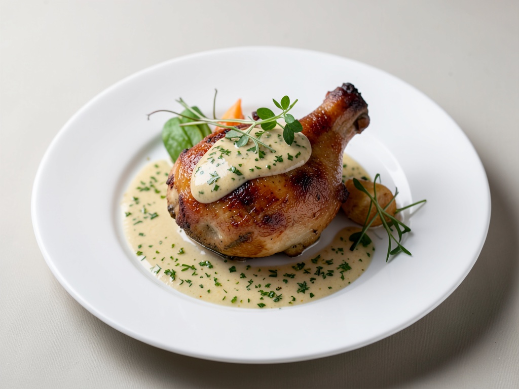 Saftige Hühnchenkeule mit Kräutersoße