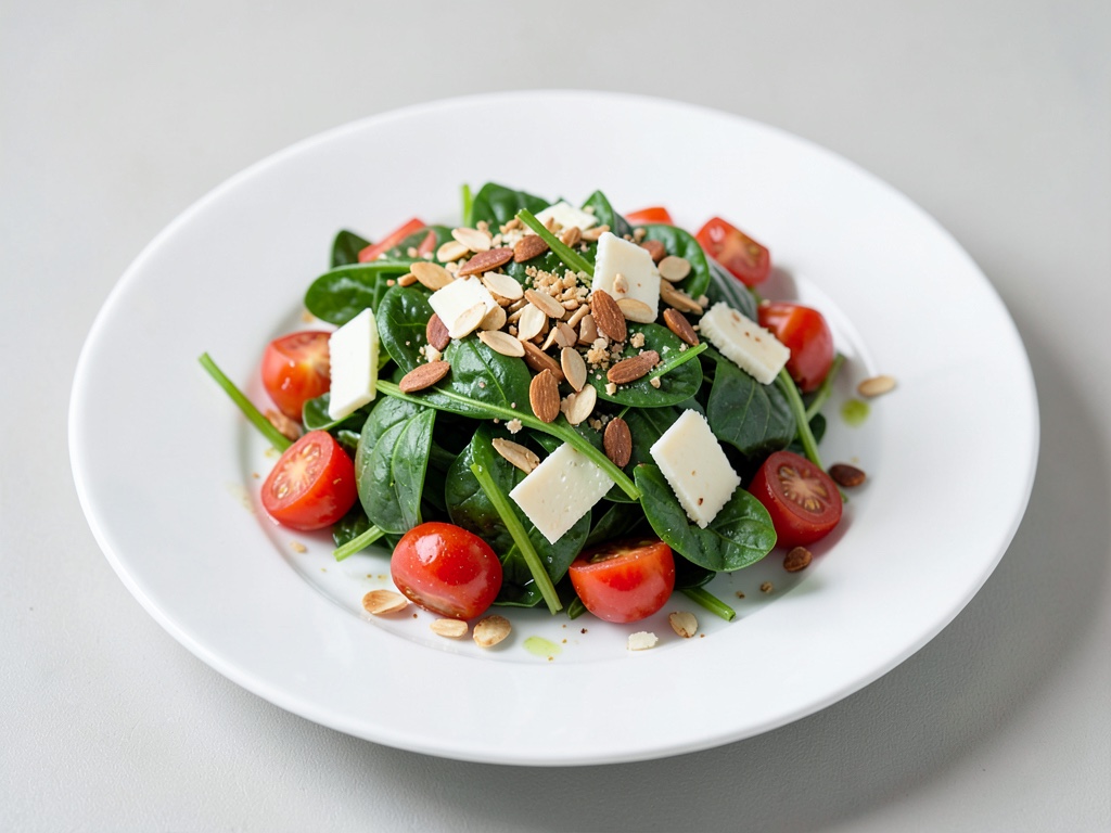 Insalata di spinaci foglia con mandole tostate, pomodori e formaggio