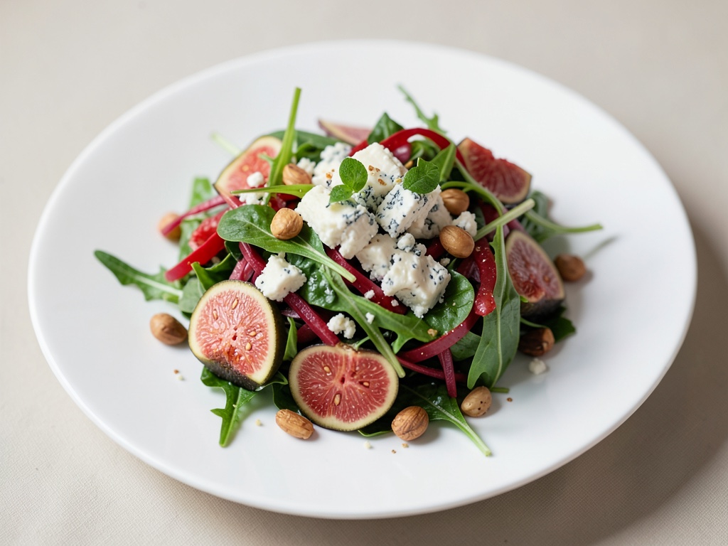 Insalata di fichi e rucola con formaggio erborinato e nocciole