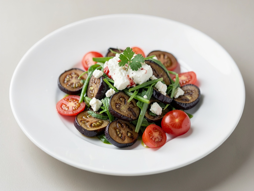 Insalata di melanzane alla griglia con formaggio di capra e pomodori