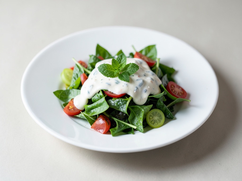 Insalata di verdure verdi con crema di yogurt e menta