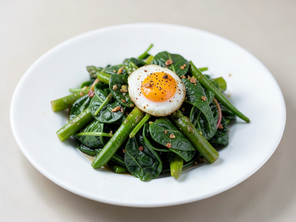 Insalata fresca di asparagi verdi e spinaci con uova al tegamino