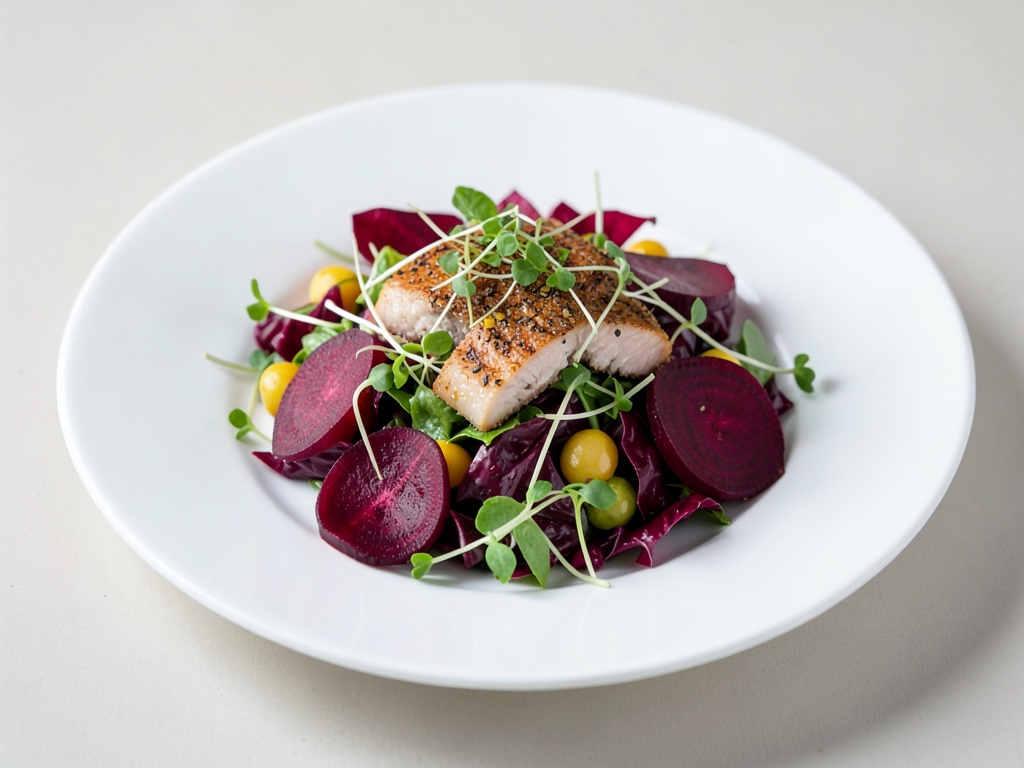 Insalata colorata con barbabietola rossa, radicchio, aringa affumicata e germogli