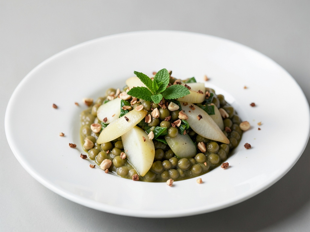 Insalata di fave con pera, menta e pinoli tostati